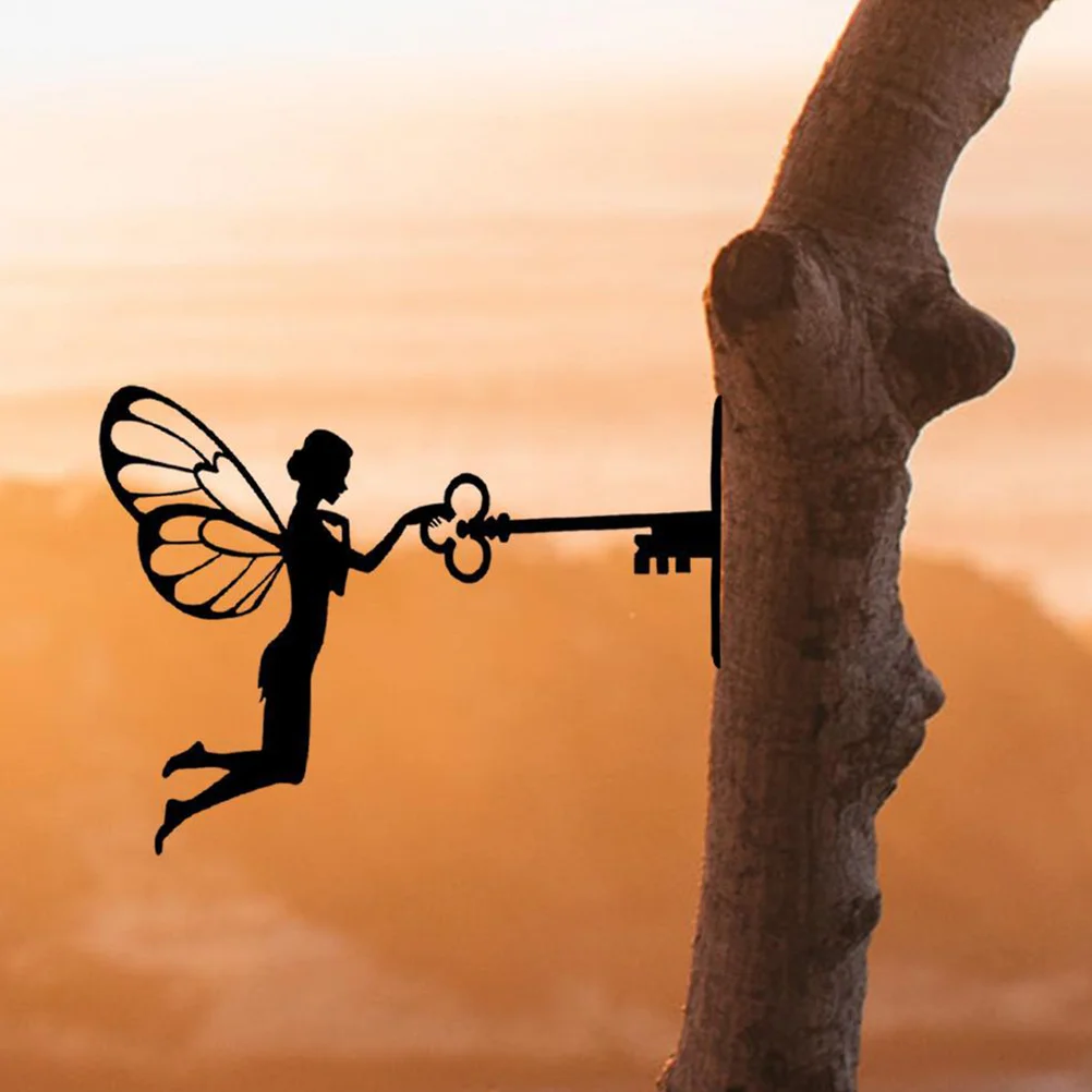 

Garden Decorative Sculpture Metal Fairy Silhouette Tree Statue Holding Key Decoration Ornament