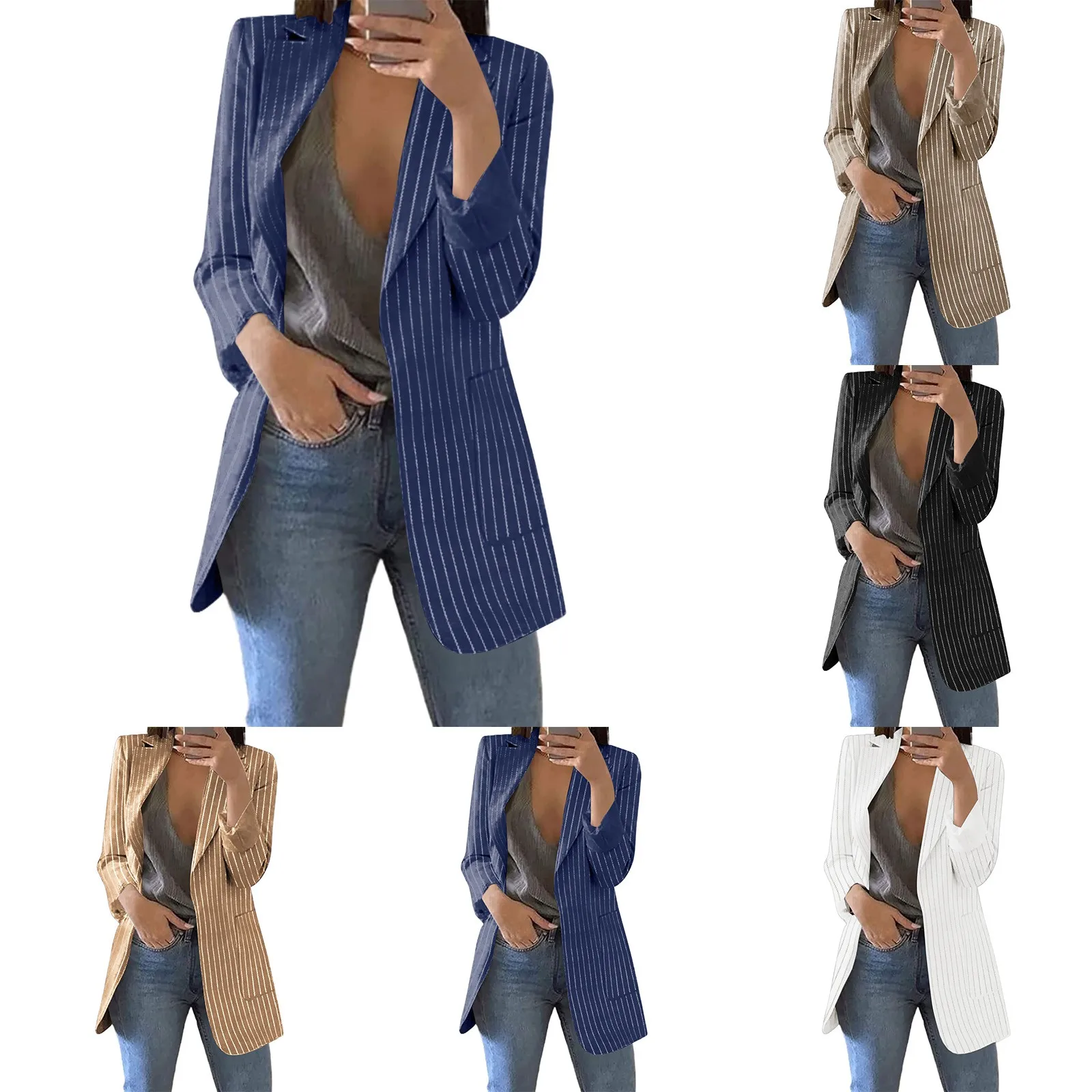 

Women's blazer Stripe Casual Suits female Outer Slim Lapel Work Clothes open stitch Office ladies elegant Jacket Coat