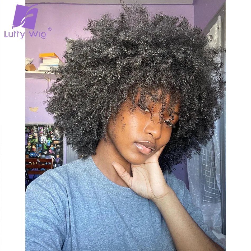 Short Curly Glueless Wig With Bangs Human Hair Remy Brazilian Afro Kinky Curly Full Machine Made Cheap Water Wave Wig For Women