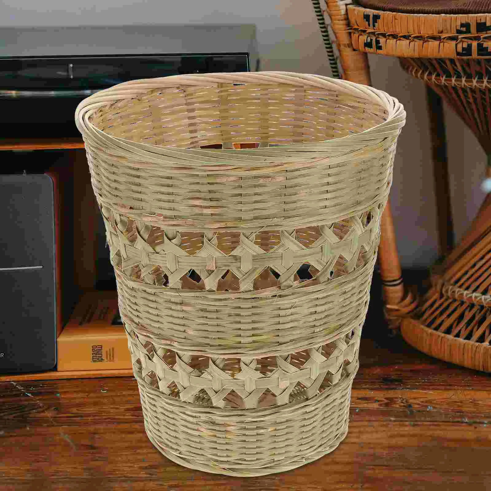 

Bracket Bamboo Wood Trash Can Trashcan Lid Clothing Handmade Woven Basket Rustic Style Weaving Office Desk Topper