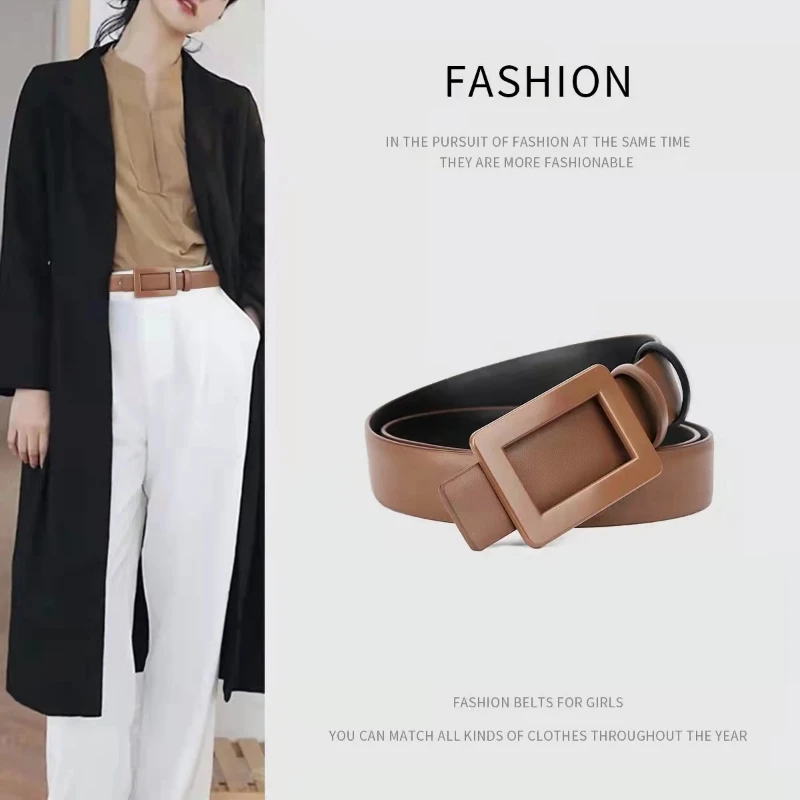 New Double-sided Belts for Women Business Suit Accessories Simple and Elegant Senior Designer Smooth Buckle Leather Belt