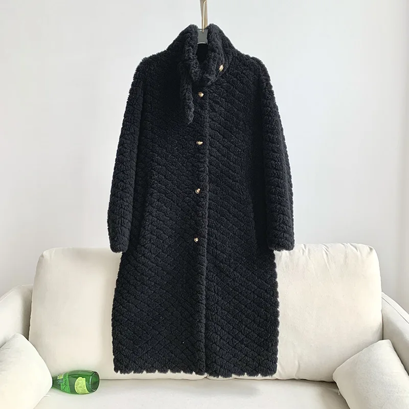 FURYOUME Winter Women Real Fur Coat Long Wool Jacket Natural Fur Parka Thick Warm Streetwear Outerwear Stand-up Collar Pocket