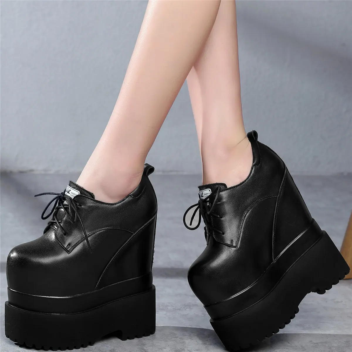 Fashion Sneakers Women Lace Up Genuine Leather Super High Heels Ankle Boots Female Round Toe Chunky Platform Pumps Casual Shoes