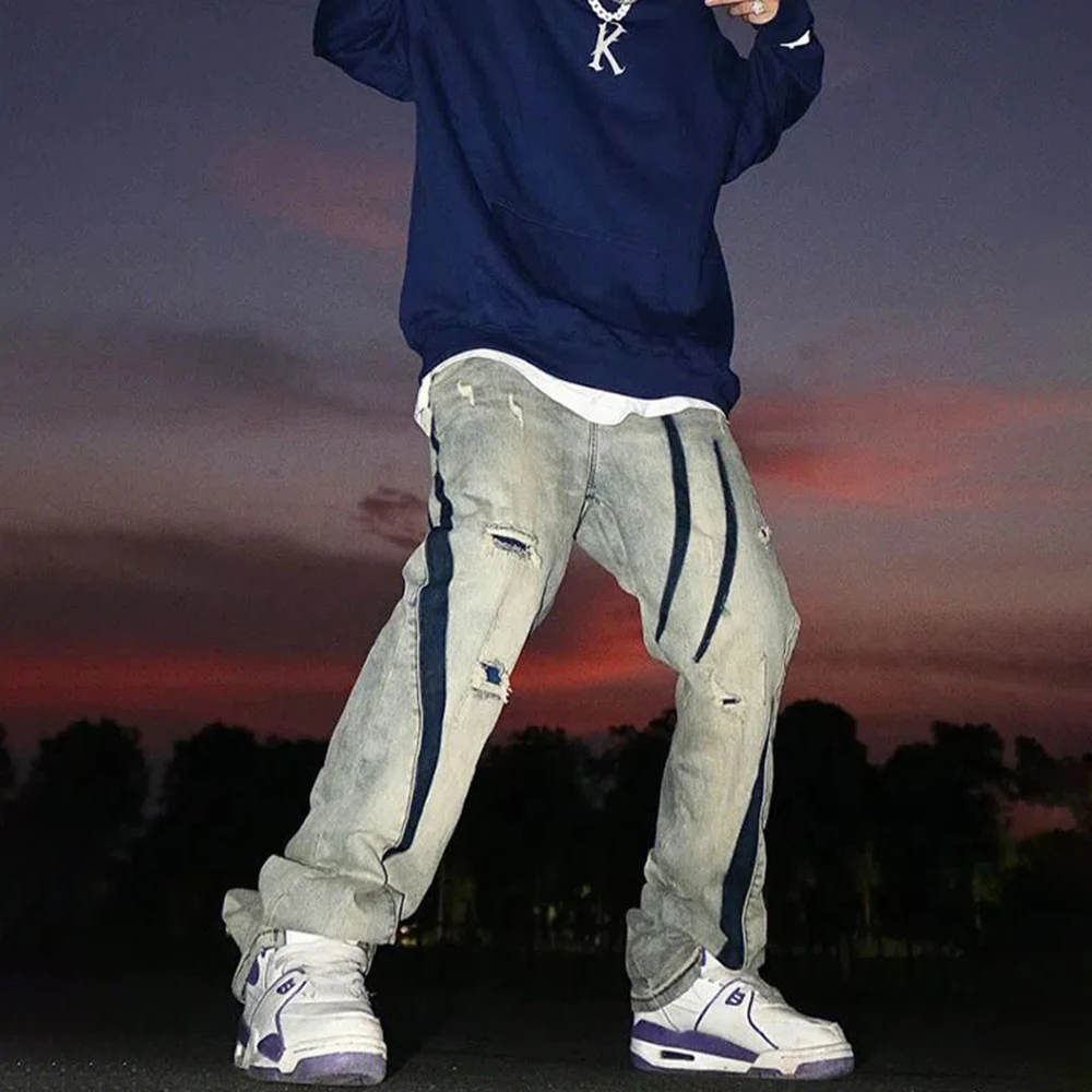 American Style Old Ripped Denim Trousers Men's Street Wear with Color Contrast Design Loose Straight Jeans Trend Hip-hop Pants