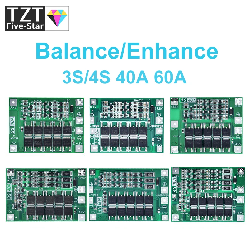 Защитная плата 3S/4S 40A/60A 18650 BMS, для зарядки литий-ионных батарей, для двигателя перфоратора, 11,1 В/12,6 В/14,8 В/16,8 В с увеличителем/балансиром