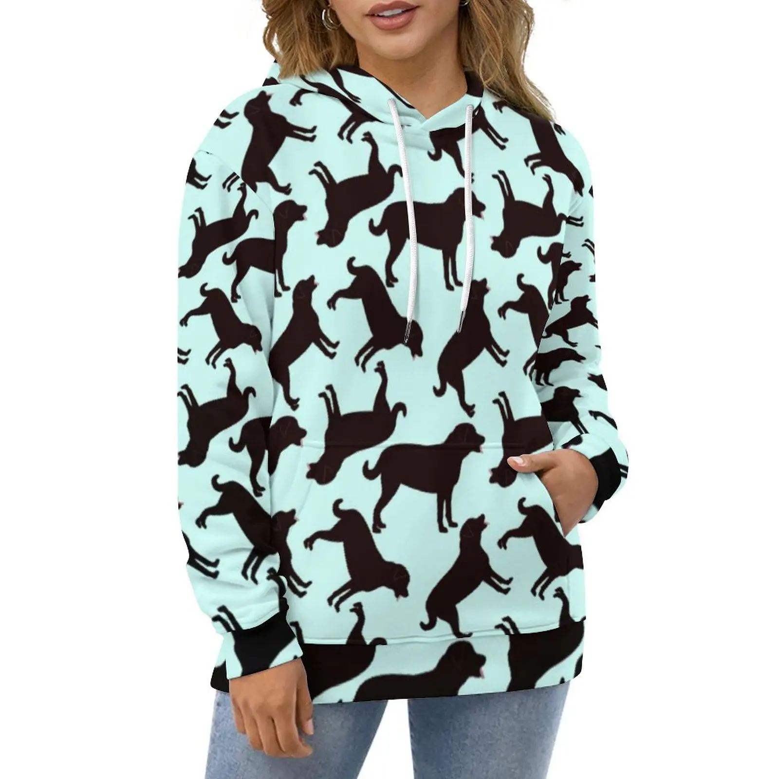 

Animal Silhouette Hoodies Long-Sleeve Black Lab Dog Elegant Casual Hoodie Spring Street Style Oversized Design Loose Sweatshirts