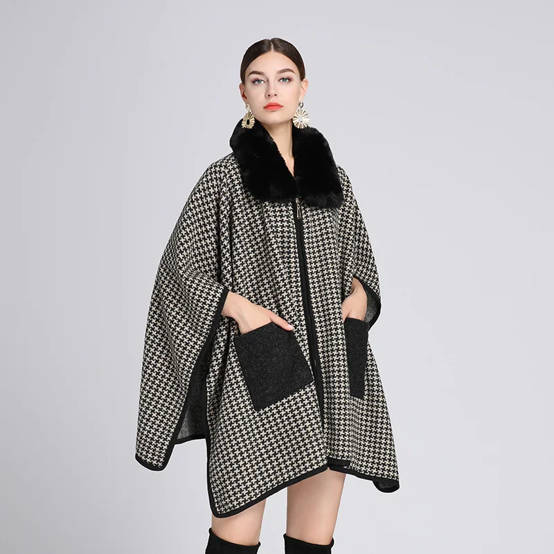 

#1118 Winter Outerwear Ponchos And Capes Women Pockets Loose Long Asymmetrical Shawls And Wraps Fur Collar Plaid Wool Cape Coat