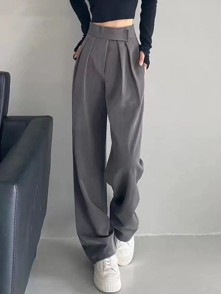 

Women Loose High Waist Suit Pants Clothes Straight Streetwear Bottoms Spring Brown Black Office Lady OL Workwear Long Trousers