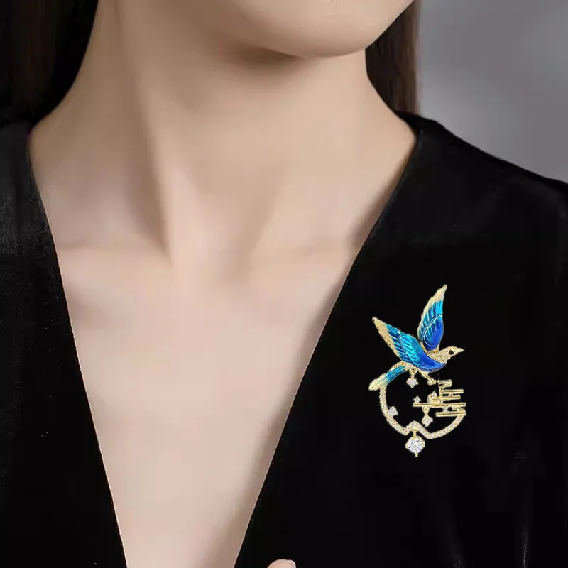 Ajojewel синяя эмаль брошь в виде сороки стразы китайские традиционные украшения