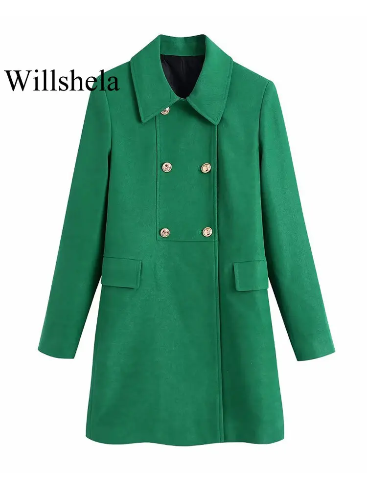 

Willshela Women Fashion Solid Slim Fit Coat Vintage Lapel Neck Double Breasted Long Sleeves Metal Female Chic Lady Outwear