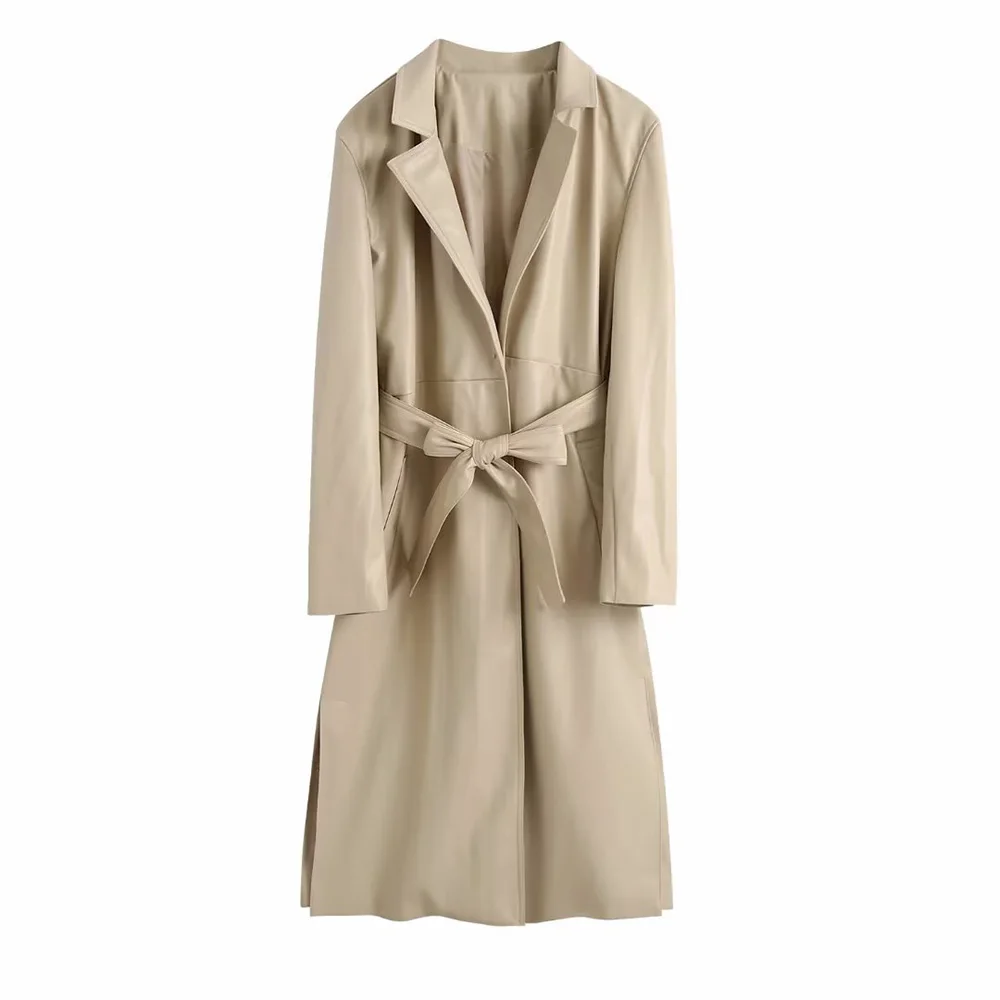 

PB&ZA Women's PU Leather Trench Coat With Belt Waterproof Faux Leather Jacket Beige Loose Streetwear Casual Overcoat Fall4369240