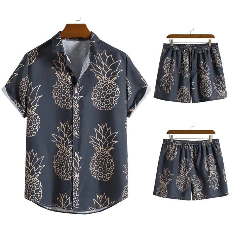 Summer Men's Hawaiian Shirt 3D Pineapple Print Short Sleeve Harajuku Hip Hop Shirt Top Beach Shorts Two Piece