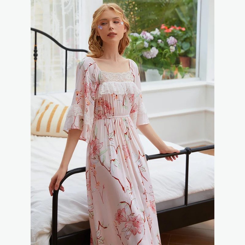 MAYMOLI Luxury Night Dress Women Lingerie Printing Lace Sleepwear Temperament Women's Nightie Comfortable Pajamas Home Wear