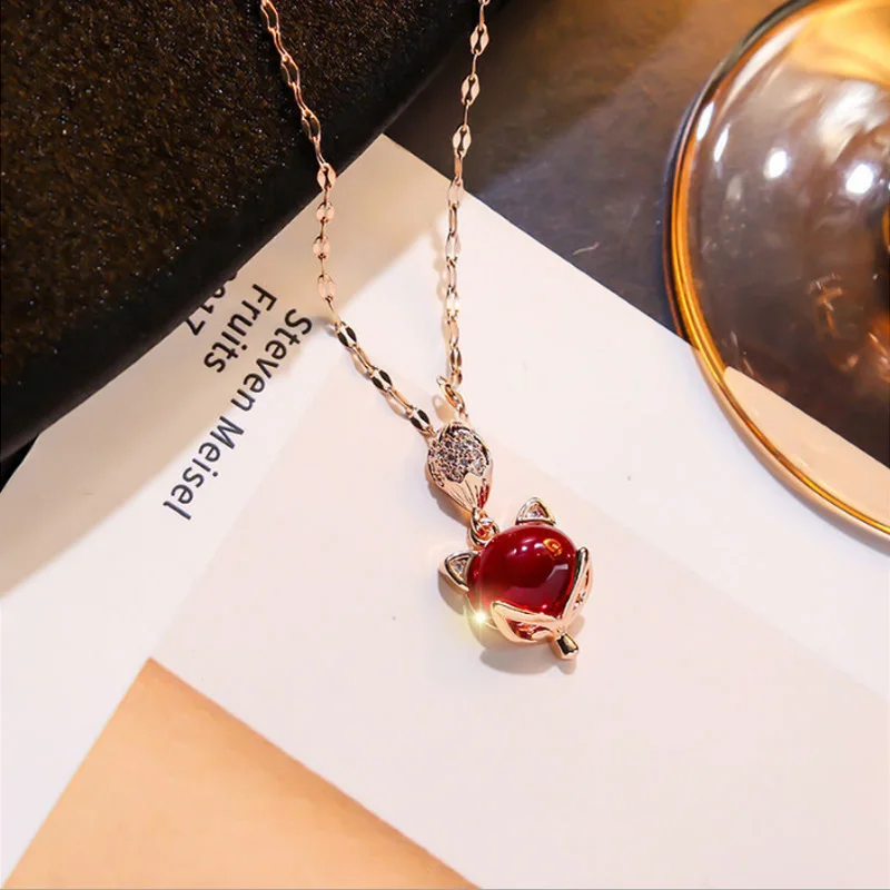 

Colar Feminino Korea Fashion Fox Red Stone Pendants Titanium Steel Chain Necklaces For Women Bijoux Collares Para Mujer Jewelry