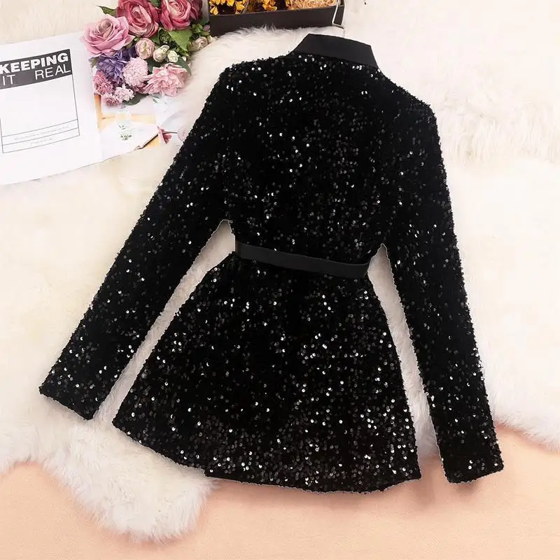 Women New Fashion Shiny Double-breasted Sequins Suit Jacket Female Cotton Coat Black Slim Fit Blazers Fall Clothes with Belt