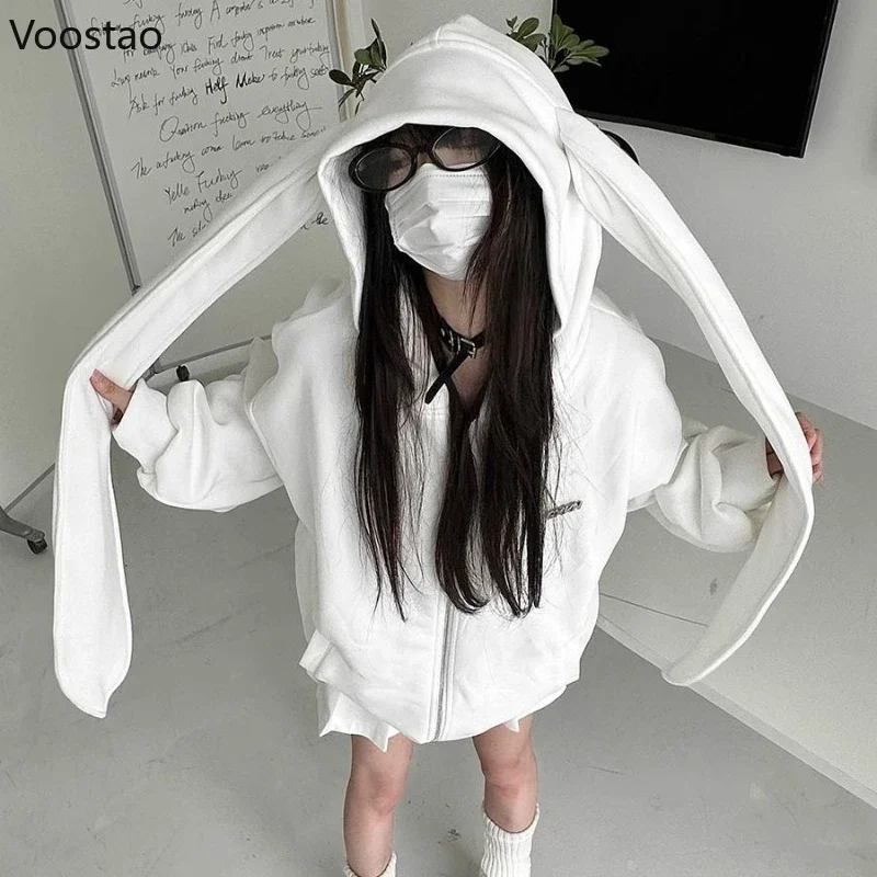 

Autumn Women Harajuku Long Bunny Ear Cute Hooded Loose Sweatshirt Couple Y2k Trendy Zip-up Long Sleeve Cardigan Hoodies Coat