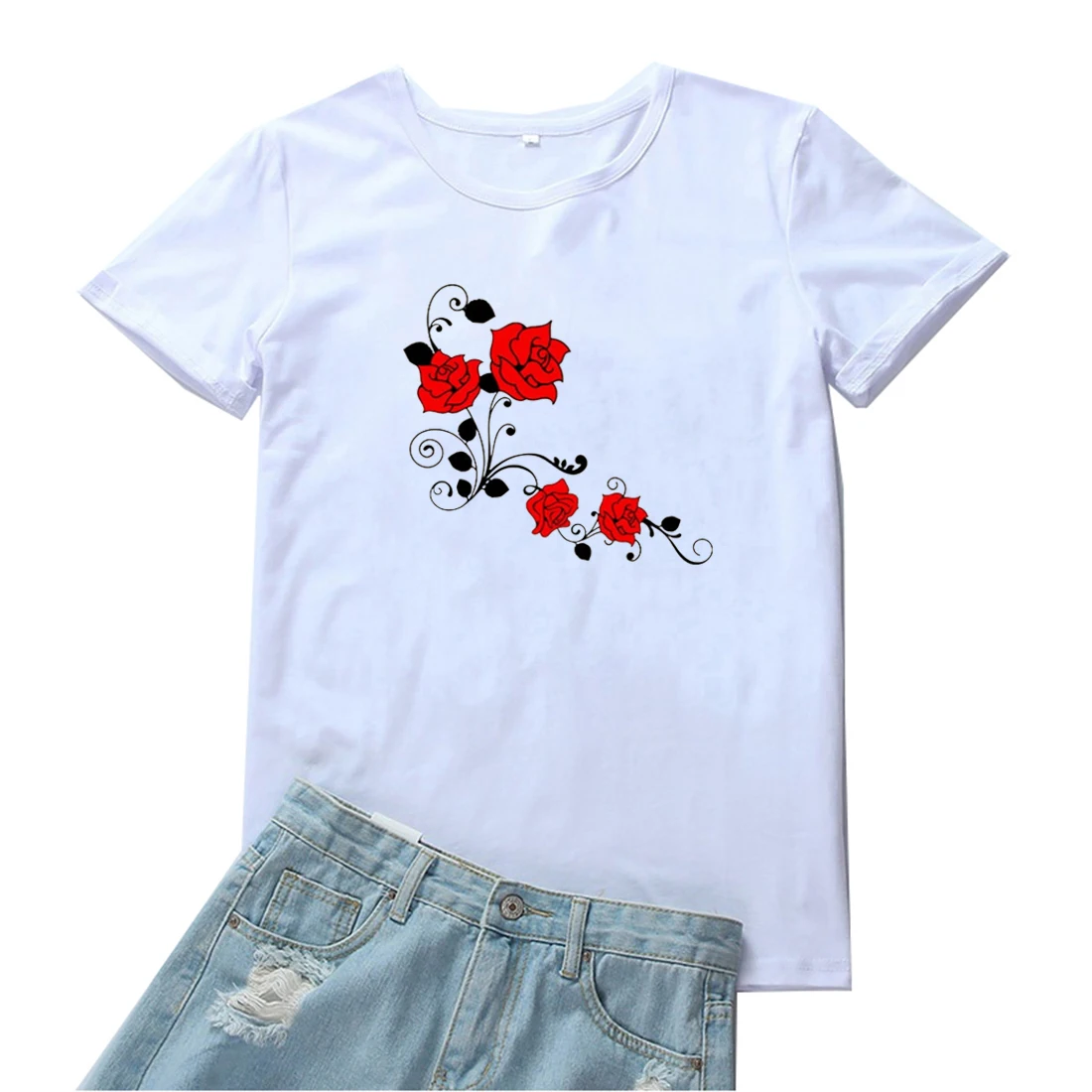 

Black Leaves Red Flowers Graphic Tee Shirt Femme Beautiful Plant Print Pattern Women Tshirt Loose Aesthetic Tops Women T-shirts