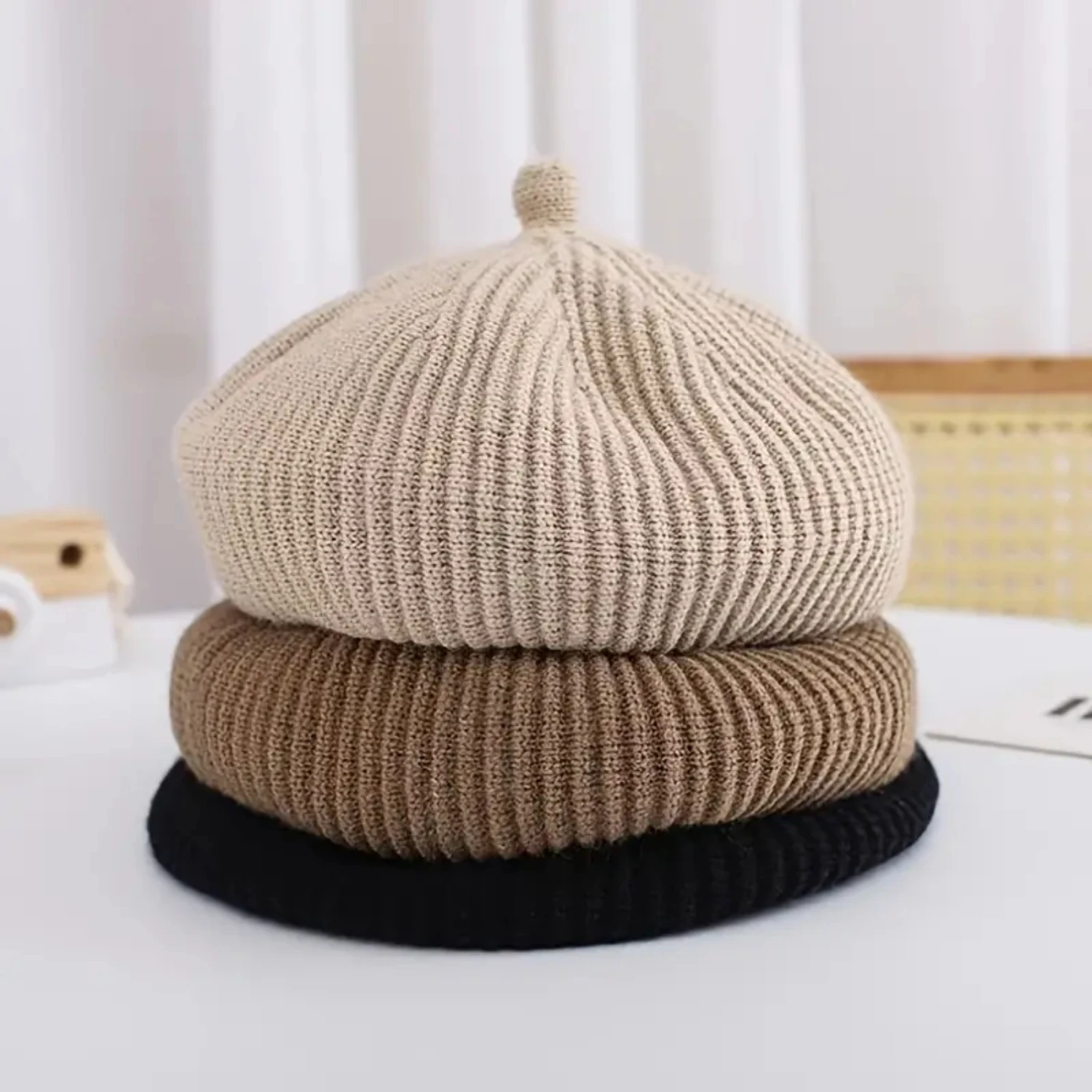 Детский берет для девочек однотонная теплая вязаная шапка зимняя