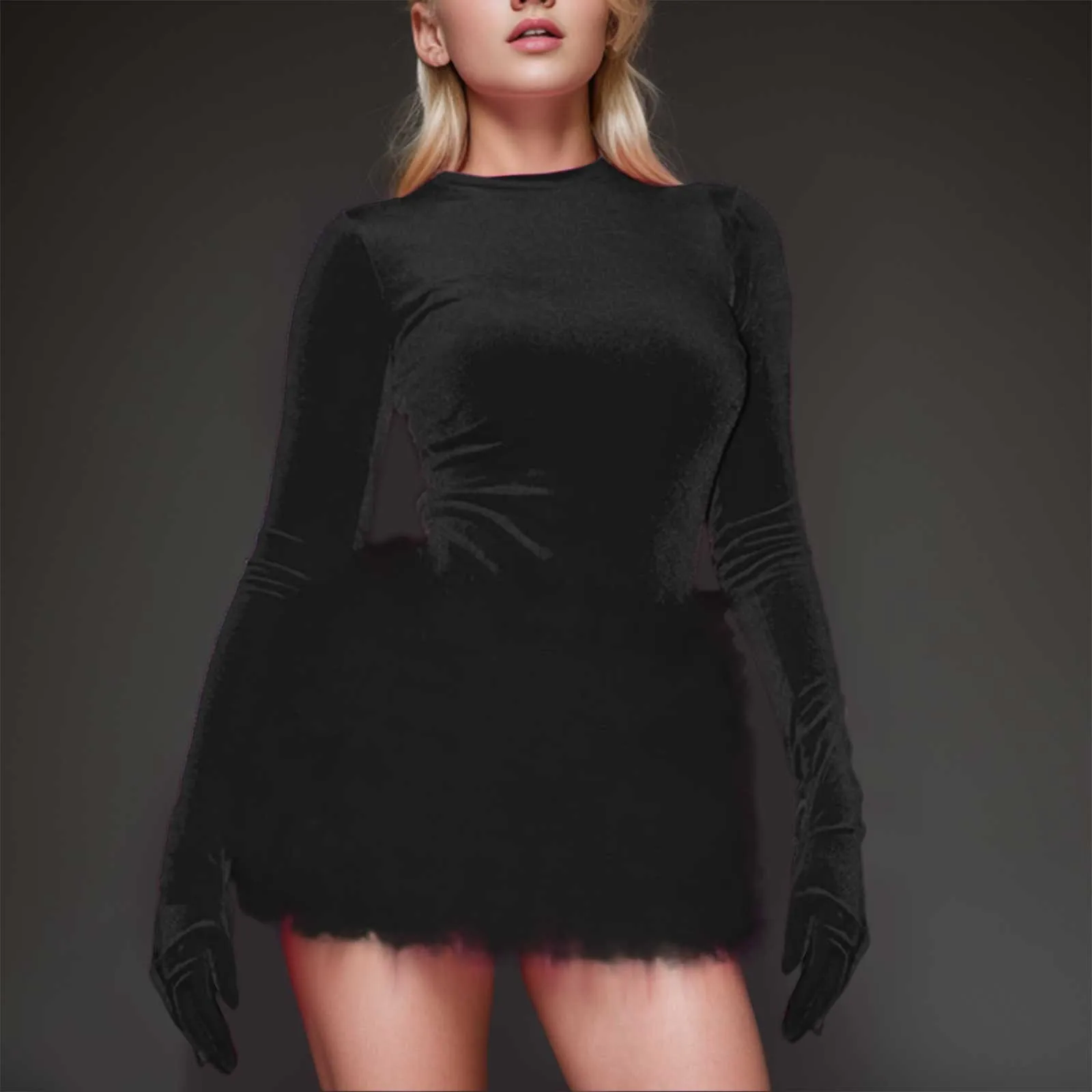 

Women Fashion Solid Color Round Neck Long Sleeve Jumpsuit Slim Fit h Skirt Sui Ruffles sweet Daily