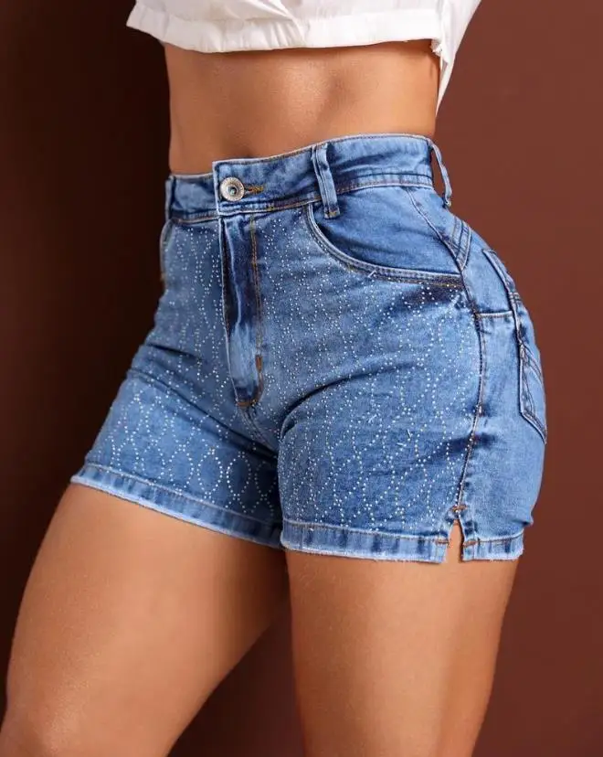 Rhinestone Decor Zip Fly Denim Shorts 2023 Summer European & American Fashion Women's Casual Skinny Short Jeans