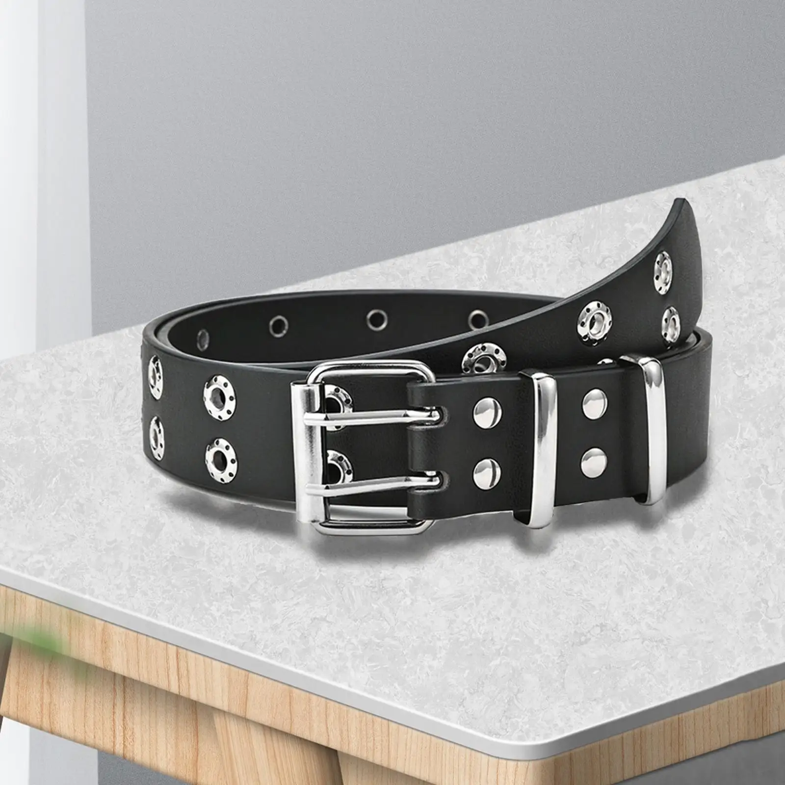 

Men Women Leather Belt Double Grommet Double Eyelet Unisex Pin Buckle Adjustable Waist Strap for Club Ladies Party Bar Halloween