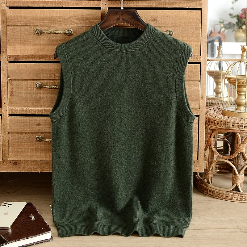 ond kaszmirowy sweter męski z okrągłym dekoltem pogrubiający jesienno-zimowy bez rękawów czysta kaszmirowa kamizelka dzianiny luźna casualowa