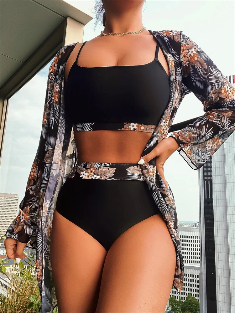 

Bikini 3 Pieces Swimsuit Women Swimwear 2023 New Long Sleeve Cover Up Bikinis Set Bathing Suit Female Beach Wear Biquini Summer