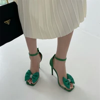 10cm stiletto sandals big bow ladies high heels rhinestones black office shoes summer green party shoes women sandales talons