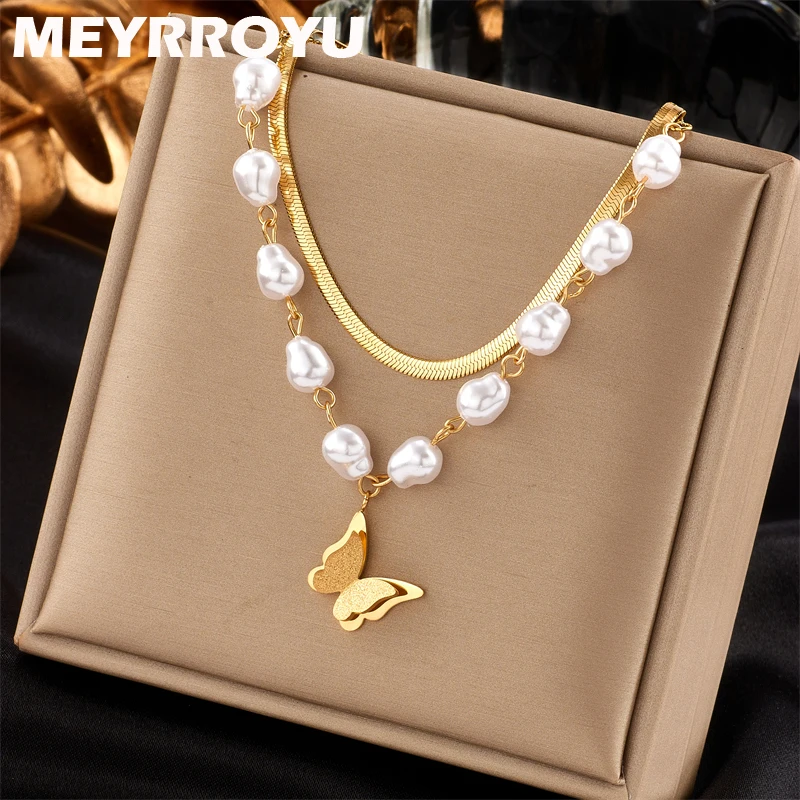 

MEYRROYU 316L Stainless Steel Fresh Pearl Double Layer Butterfly Pendant Necklace For Women Collar Jewelry Party Accessories