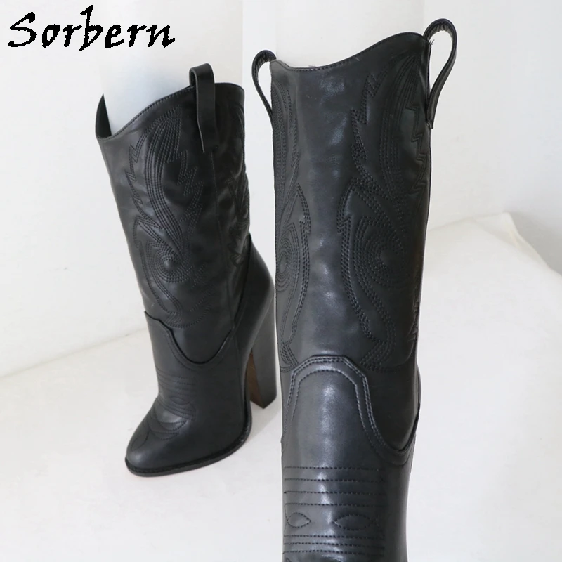 Sorbern Genuine Leather Embroider Ankle Boots Unisex Cowboy Boots Block Heel Pointy Toes Black Matt Retro Style Custom Booties