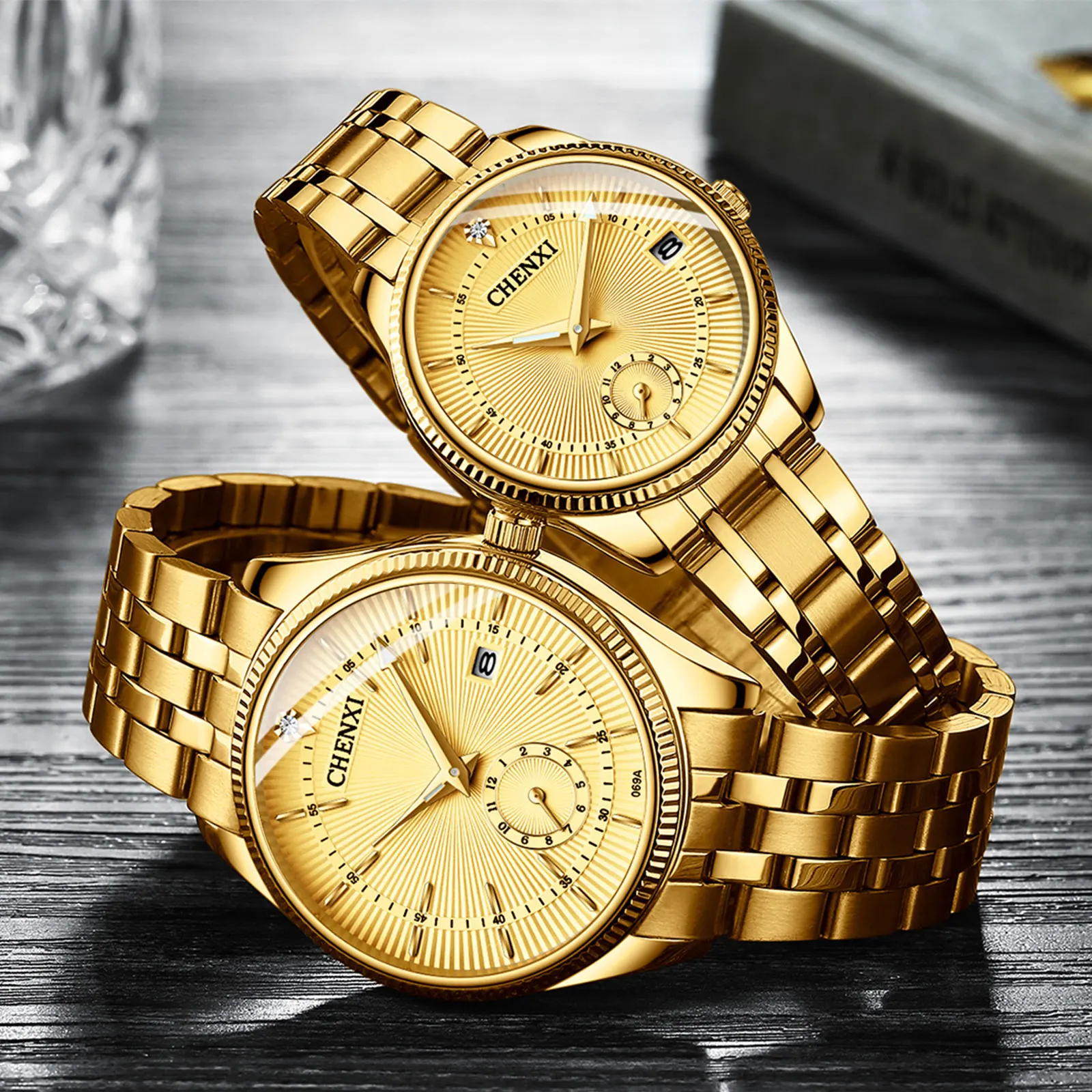 CHENXI Fashion Luxury Brand Calendar Gold Couple Lovers Mens Women Clock Luminous 30M Waterproof Stainless Steel Quartz Watch