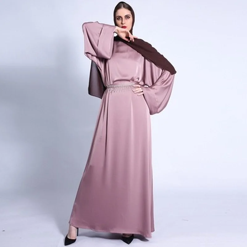 2022 Ramadan Matte Solid Color Loose Dress Fringed Diamond Belt Long Skirt Muslim Women Clothes With Bocket Autumn New