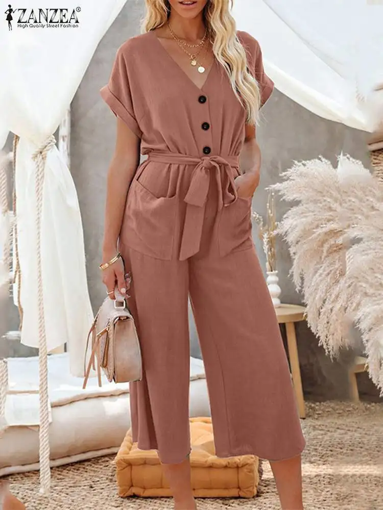 

2022 ZANZEA Solid Color Jumpsuit Rompers Summer Women Short Sleeve V-Neck Overalls Femme Fashion Elagant Work Wide Leg Playsuits