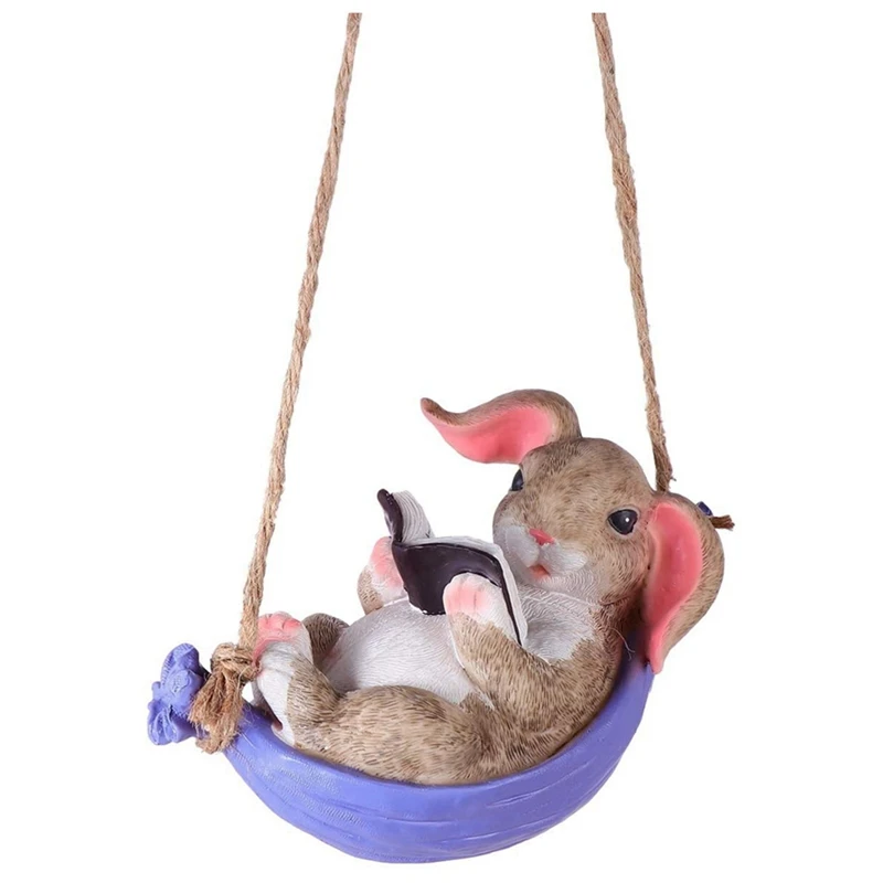 

Practical Swing Cute Resin Rabbit,Garden Statue Landscape Hanging Decoration Simulation Reading Book Bunny Home Animal Statue