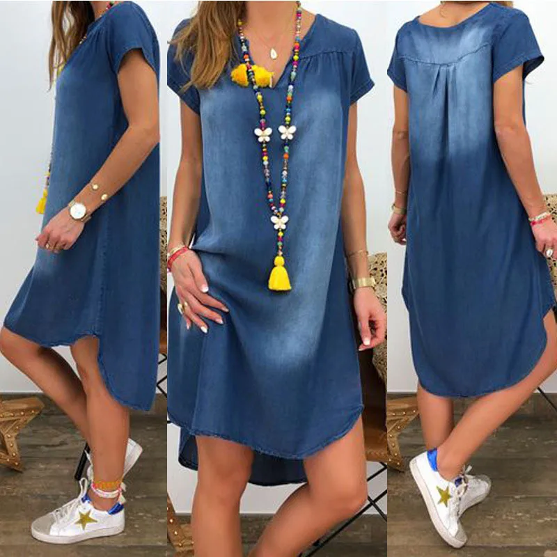 

Women Summer Dress V-Neck Pullover Short Sleeve Denim Casual Dress Casual Dress Vestidos Summer Clothes For Women