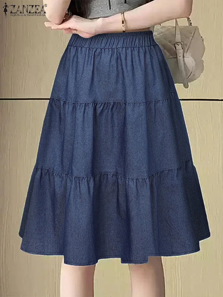 Женские джинсовые синие юбки ZANZEA элегантная юбка с эластичной резинкой на талии