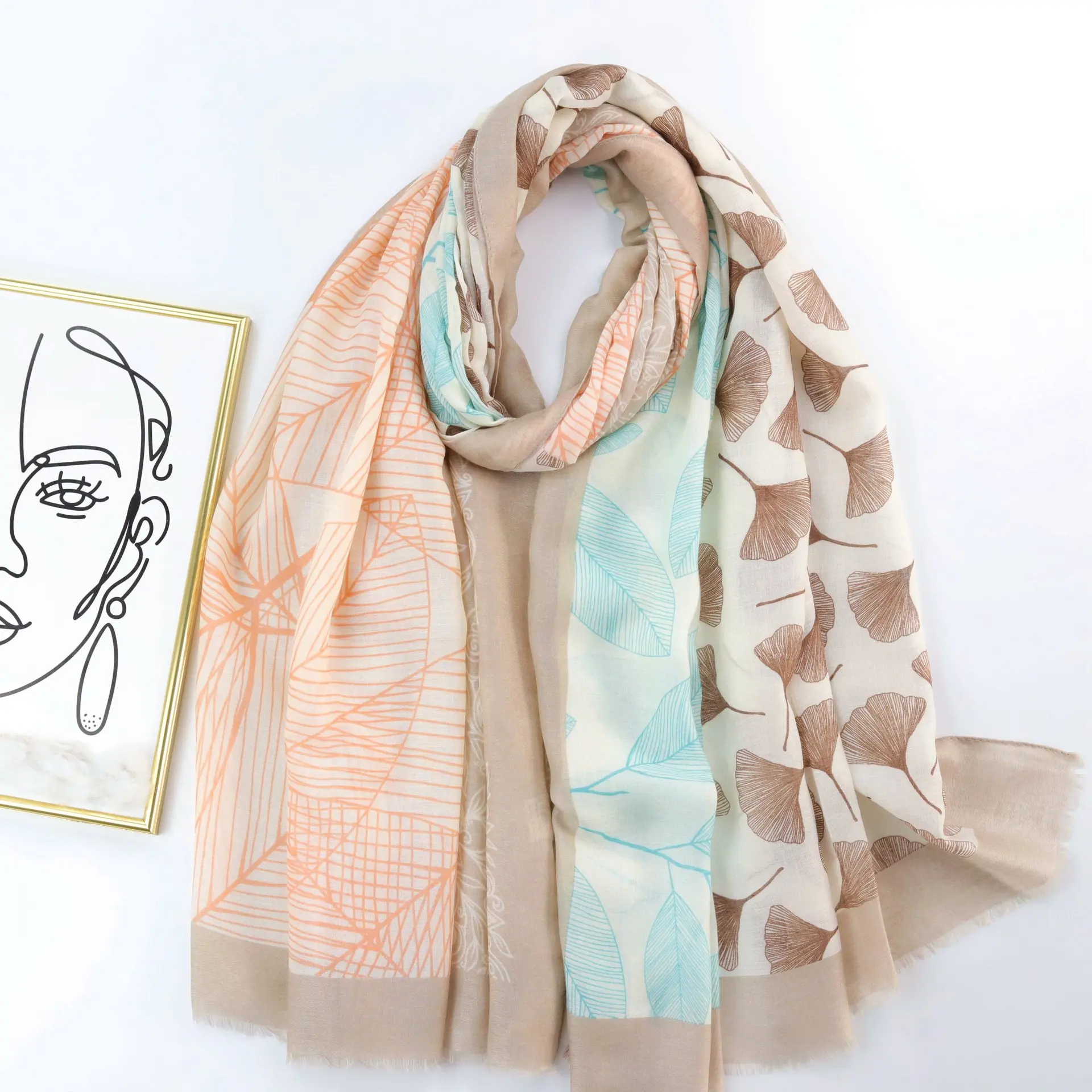 Новинка 2018 красивый шарф с бахромой и принтом листьев гинкго шали Женский