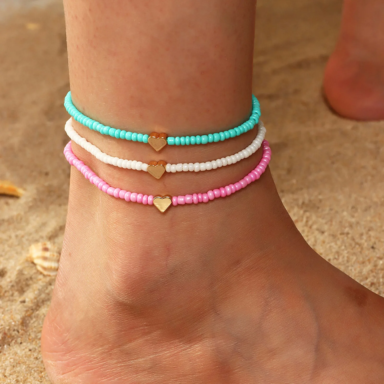 

3PCs 6PCs Bohemian Women Anklet Colorful Round Heart Beaded Chains Anklet Bracelets Barefoot Sandals Foot Summer Beach Jewelry