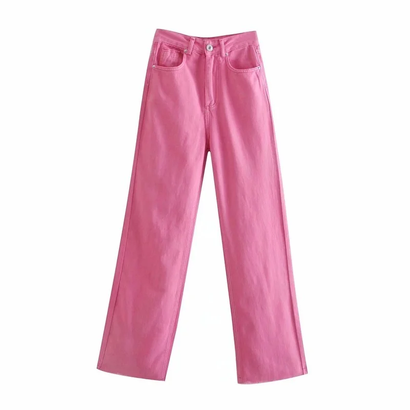 Women Green 2023 Fashion Summer Pink Sweet Denim Jeans Trousers Classic Pop New High Waist Lady Wide Leg Pant Female Streetwear