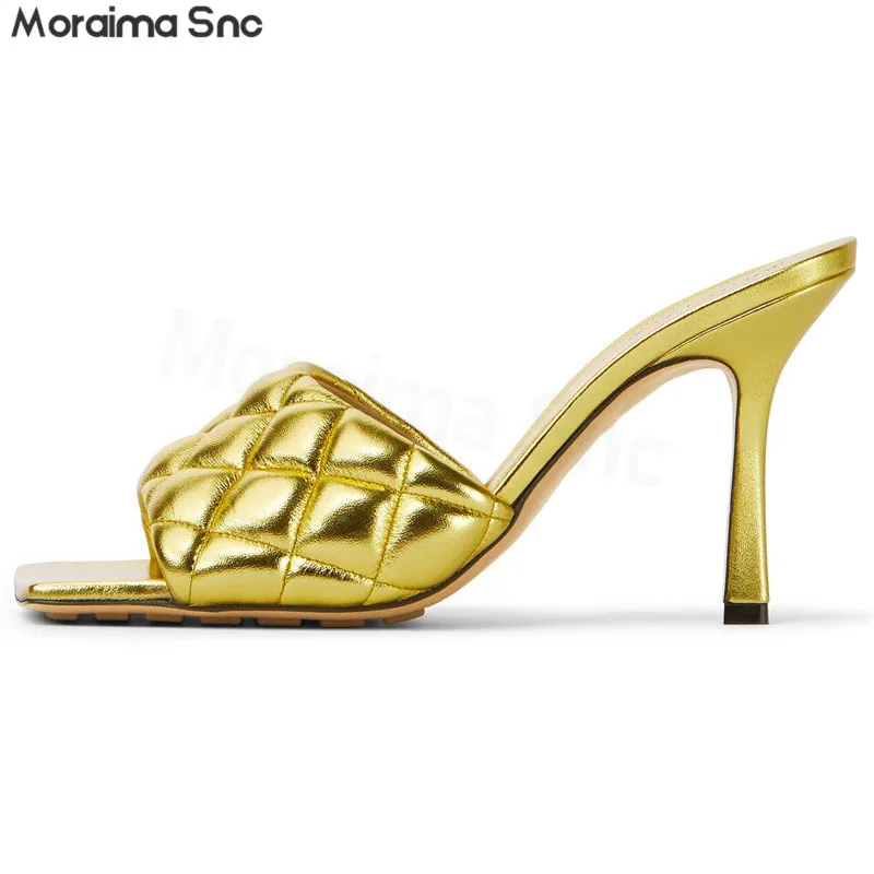 Multi-Color Rhombic Pattern Square Toe Slippers Summer Open Toe Stiletto Ladies Sandals Large Size Fashion Temperament Slippers