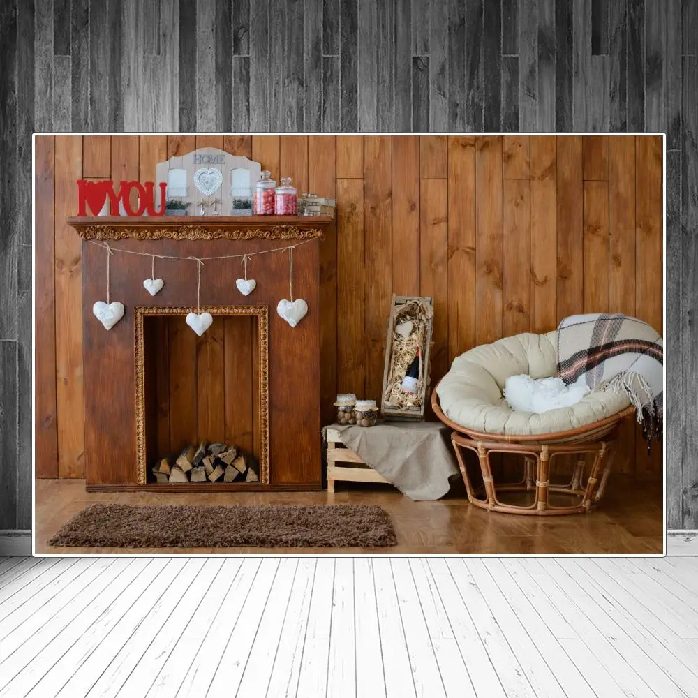 

Christmas Fireplace Sofa Wooden Plank Wall Interior Photography Backdrops Custom Baby Party Decoration Photographic Backgrounds