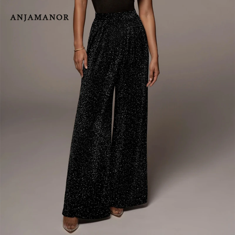 ANJAMANOR Sexy Glitter Loose Wide Leg Pants Women High Waist Baggy Dress Pants Elegant Black Trousers 2023 D36-BH32