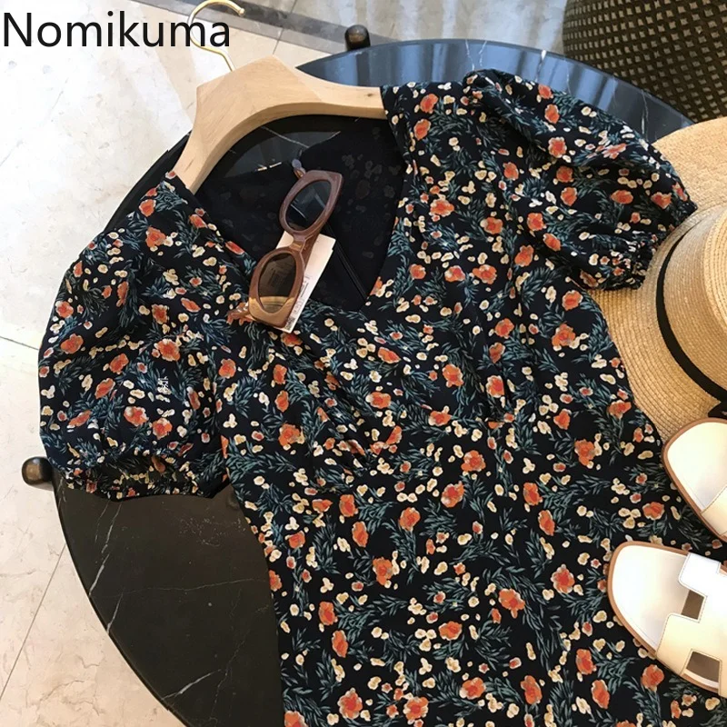 

Nomikuma Vestidos Elegantes Para Mujer Puff Sleeve Slim Waist Tunic Floral Print Women Dress Korean Retro Elegant Women Clothing