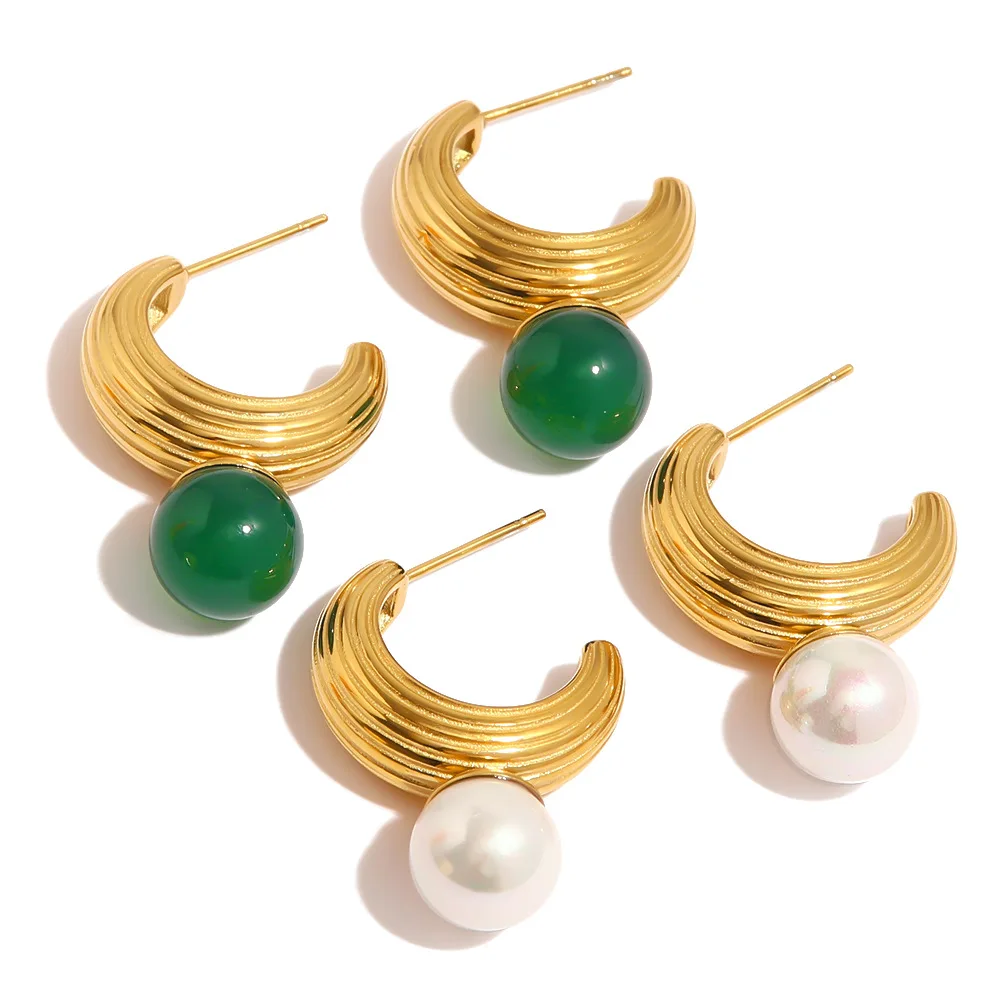Stainless Steel PVD 18K Gold Plated Tarnish Waterproof Green Beads Pearl Drop Earring For Woman Jewelry Wholesale Trendy
