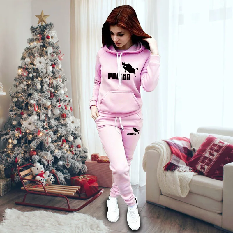 Костюм спортивный женский однотонный из пуловера с длинным рукавом и круглым