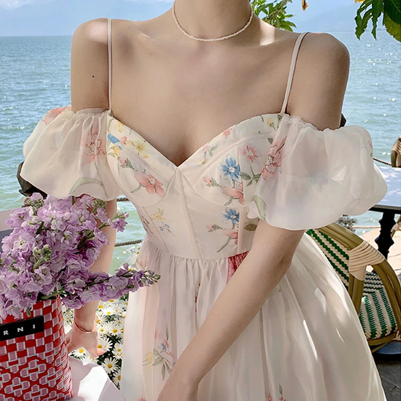 

Dresses for Women 2023 Summer France Floral Dress Strapless Off the Shoulder Sweet Print Long Dress Sexy Strap Corset Maxi Dress