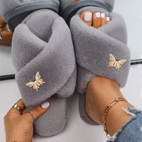 faux fur slides flat sandals luxury golden butterfly fluffy slippers fashion indoor shoes for women designer fur slippers 2022