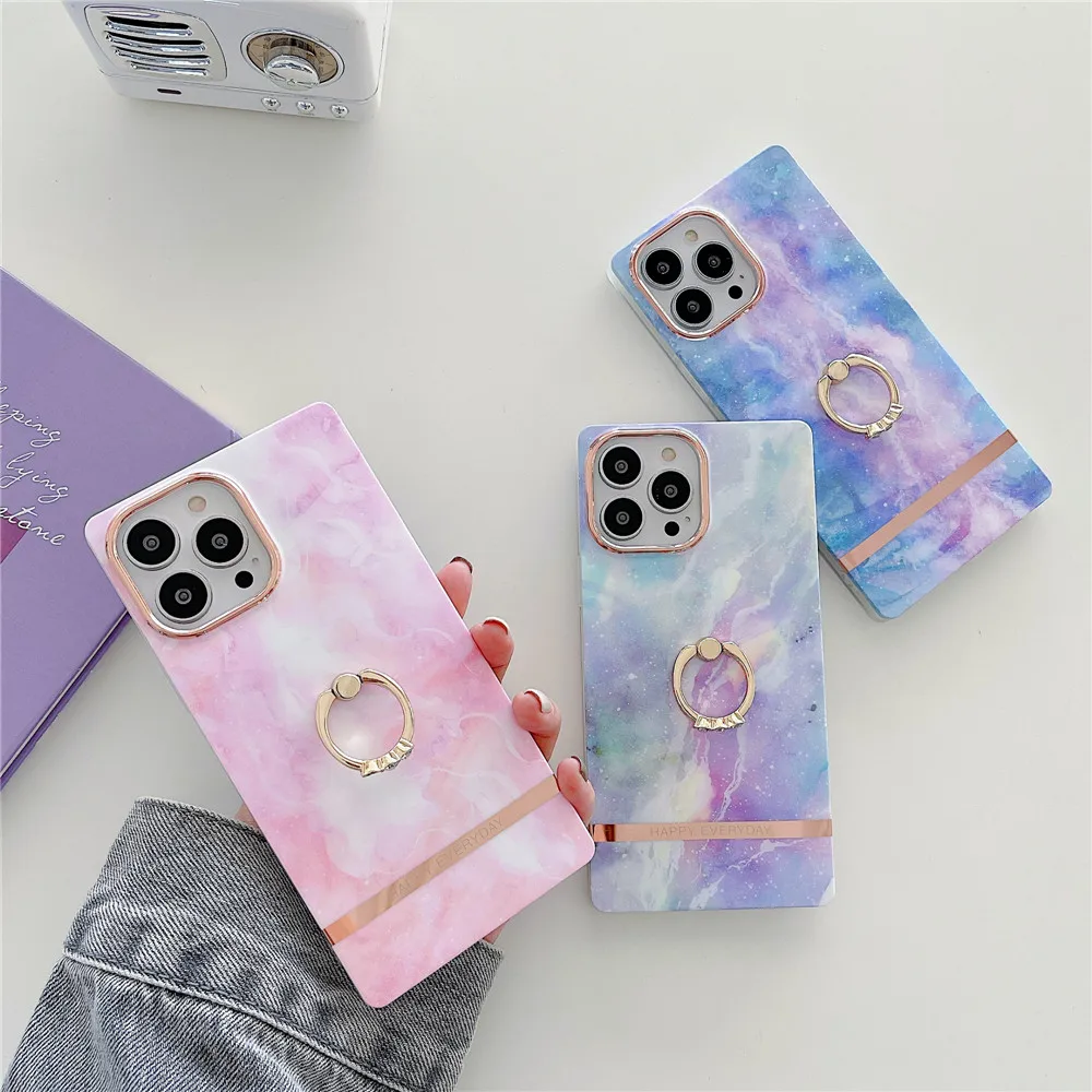

Ring Holder Square Frame Marble Phone Case For iphone 11 12 13 Pro Max Stand Finger Bracket Armor Shockproof Bumper Cover Coque