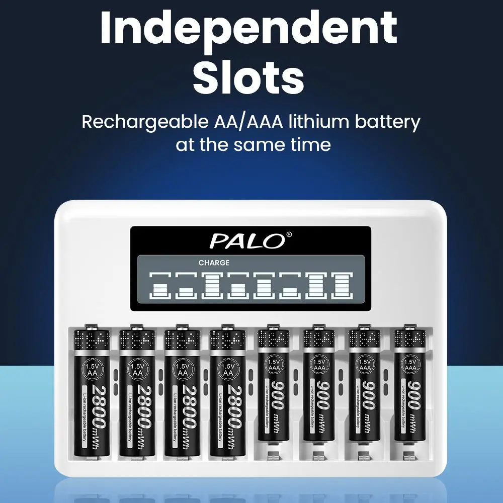 PALO 1.5V AA AAA Rechargeable Battery Charger Intelligent Fast 8 Slots Chargers for 1.5 Volts 2A 3A Lithium-ion Batteries images - 6