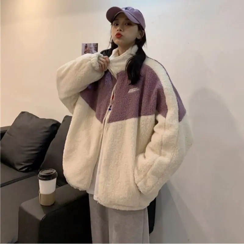 

2022 Winter Women Hoodies Plus Velvet Patchwork Zip-up Long Sleeve Lambswool Oversized Coats Casual Korean Warm White Sweatshirt
